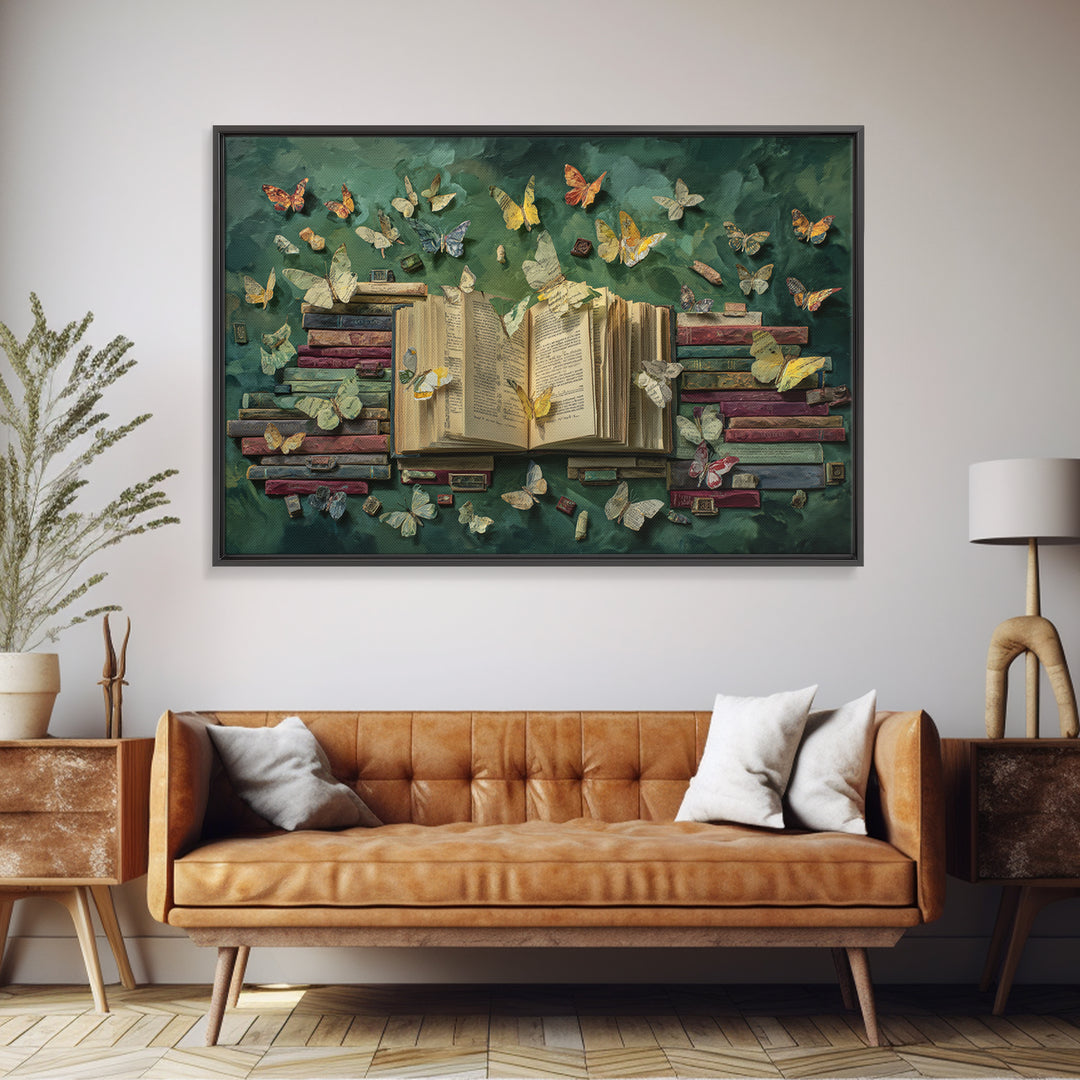 Book Pages Transforming into Butterflies Framed Canvas Print, Library Art, Reading Nook Decor, Library Decor, Fine Art, Archive, LIB-3x2-23