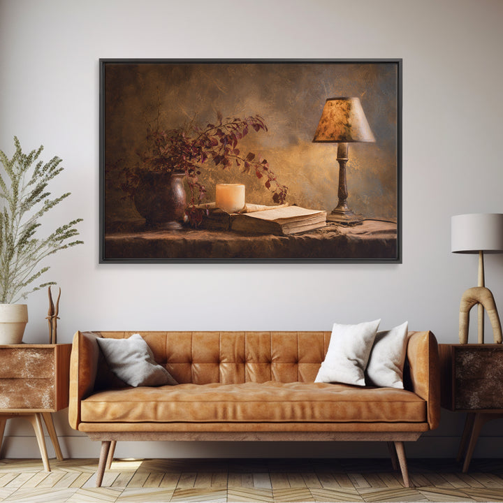 Warm Reading Lamp and Small Plant Still Framed Canvas Print, Library Art, Dark Academia Art, Library Decor, Abstract Art, LIB-3x2-25