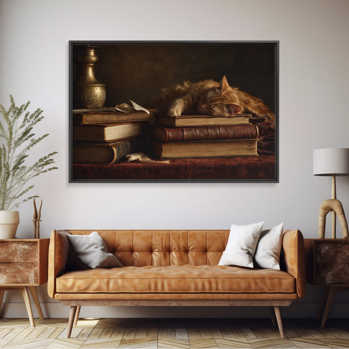 Cat Sleeping on a Book Stack Framed Canvas Print, Library Art, Room Decor, Library Decor, Fine Art, Archive, Printable Art, LIB-3x2-35