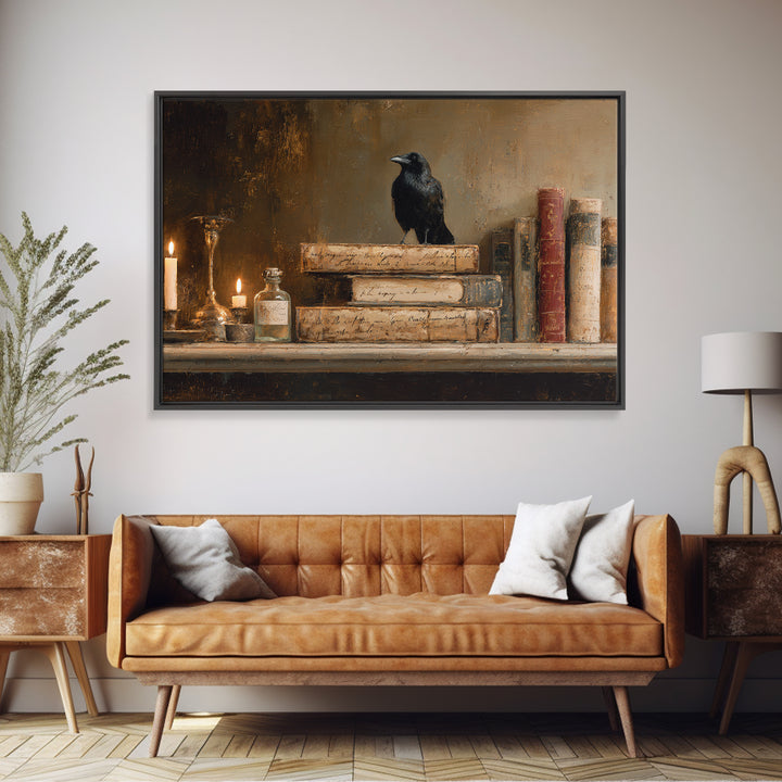 Black Raven Perched on Closed Book Framed Canvas Print, Library Art, Book Art, Library Decor, Oil Painting, Archive, LIB-3x2-50