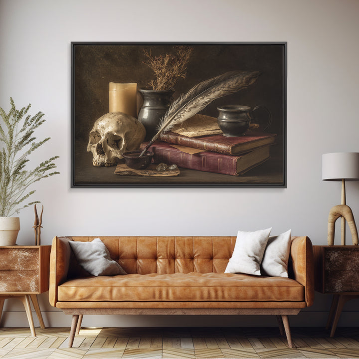 Dark Academia Skull Book and Quill Still Canvas Print, Library Art, Gothic Wall Decor, Library Decor, Fine Art, Archive, LIB-3x2-57