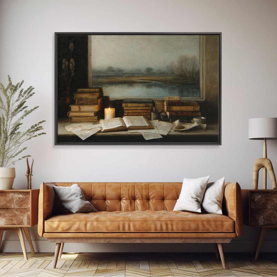 Moonlit Window with Floating Pages Framed Canvas Print, Library Art, Textured Painting, Library Decor, Fine Art, Archive, LIB-3x2-60