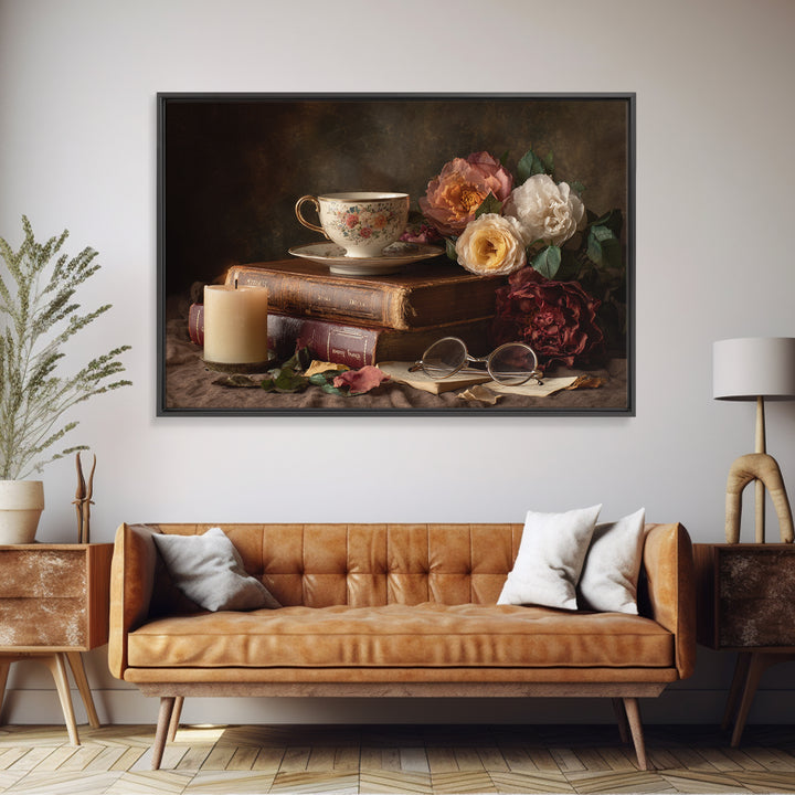 Teacup Beside a Novel and Roses Canvas Print, Library Art, Library Decor, Fine Art, Archive, Neutral Decor, Modern Decor, LIB-3x2-66
