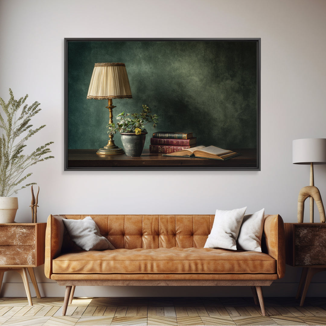 Warm Reading Lamp and Small Plant Still Canvas Print, Library Art, Neutral Decor, Library Decor, Fine Art, Archive, Home Decor, LIB-3x2-73