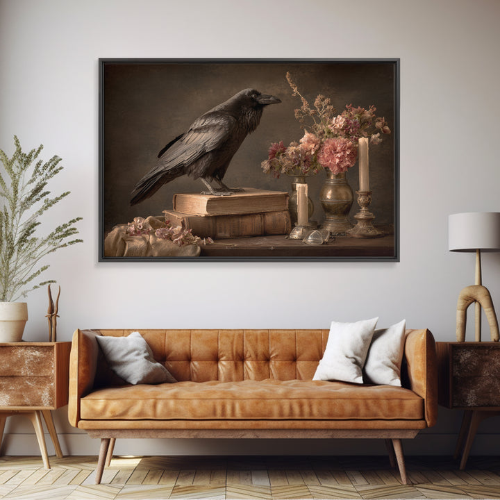 Black Raven Perched on Closed Book Framed Canvas Print, Library Art, Book Art, Library Decor, Oil Painting, Archive, LIB-3x2-74