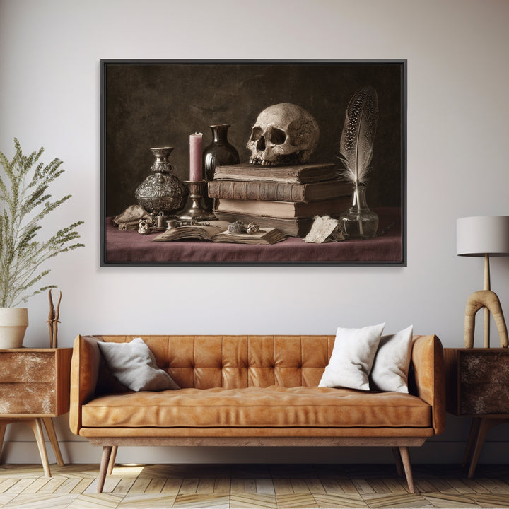 Dark Academia Skull Book and Quill Still Framed Canvas Print, Library Art, Fine Art Print, Library Decor, Fine Art, Archive, LIB-3x2-81