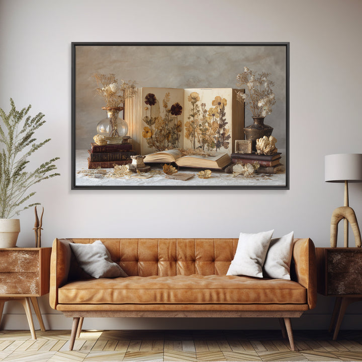 Botanical Pressed Flowers Inside Old Pages Framed Canvas Print, Library Art, Statement Artwork, Library Decor, Archive, LIB-3x2-85