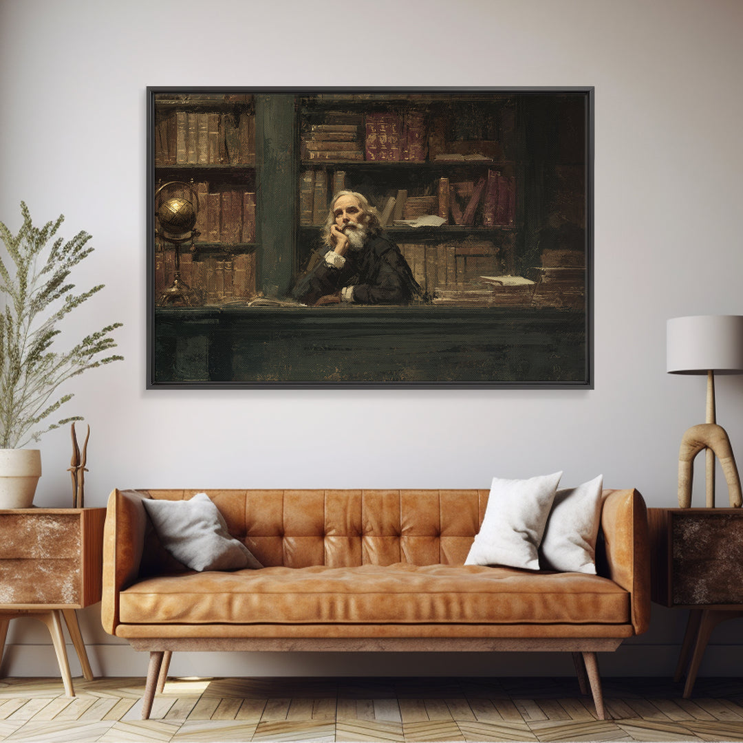 Classical Scholar Portrait Framed Canvas Print, Library Art, Halloween Wall Decor, Library Decor, Oil Painting, Archive, LIB-3x2-86