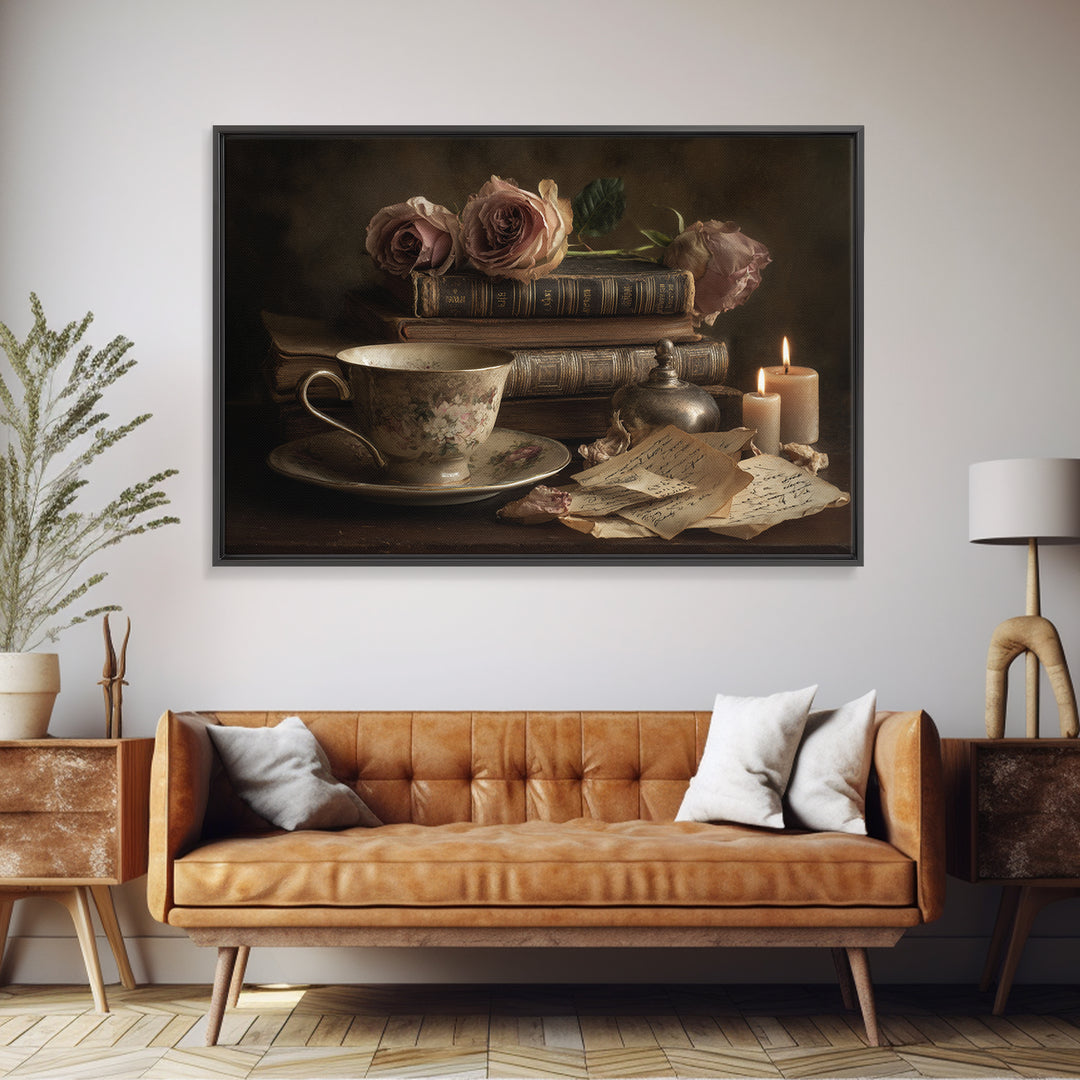 Teacup Beside a Novel and Roses Framed Canvas Print, Library Art, Black Cat Art, Library Decor, Fine Art, Archive, Luxury Decor, LIB-3x2-90