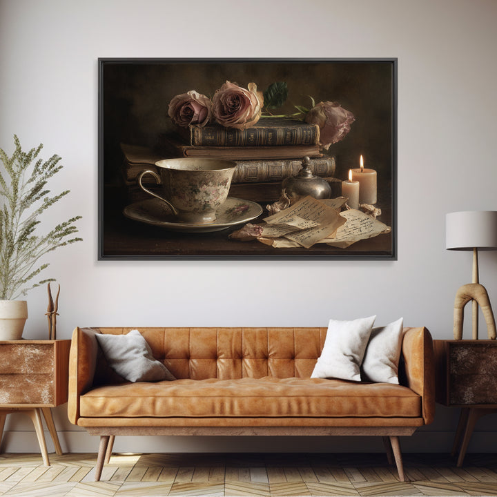 Teacup Beside a Novel and Roses Framed Canvas Print, Library Art, Black Cat Art, Library Decor, Fine Art, Archive, Luxury Decor, LIB-3x2-90