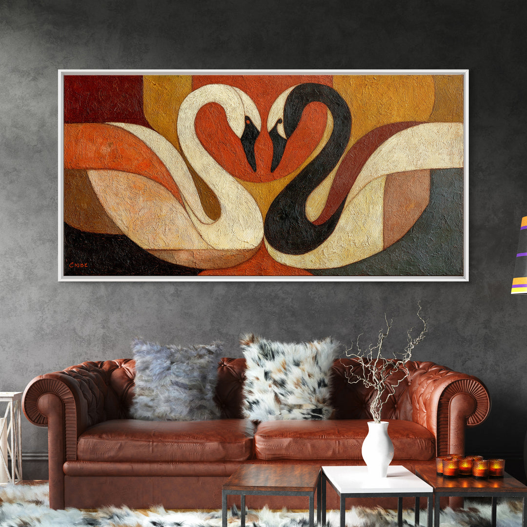 Two Swans Forming a Heart Shape Framed Canvas Print, Line Art, Textured Painting, Living Room Decor, Abstract Art, Line, LIN-2x1-12