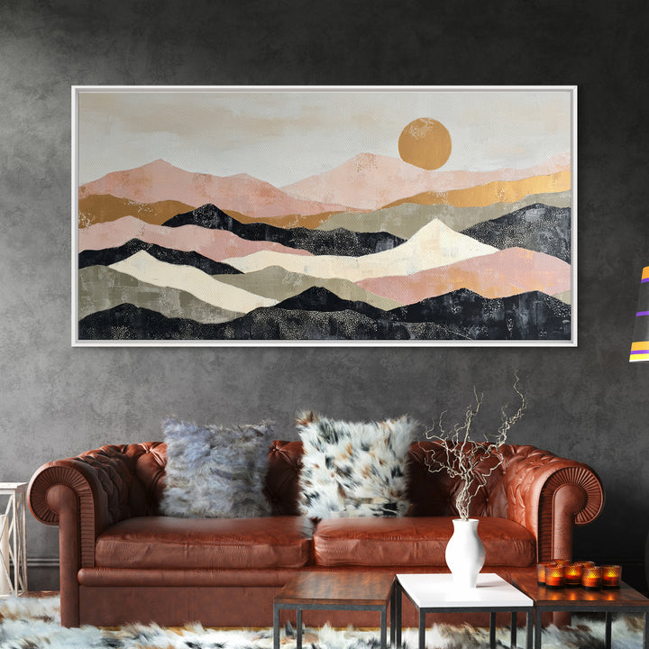 Black Line Mountains Framed Canvas Print, Line Art, Living Room Decor, Oil Painting, Line, Boho Decor, Living Room Wall Art, LIN-2x1-30