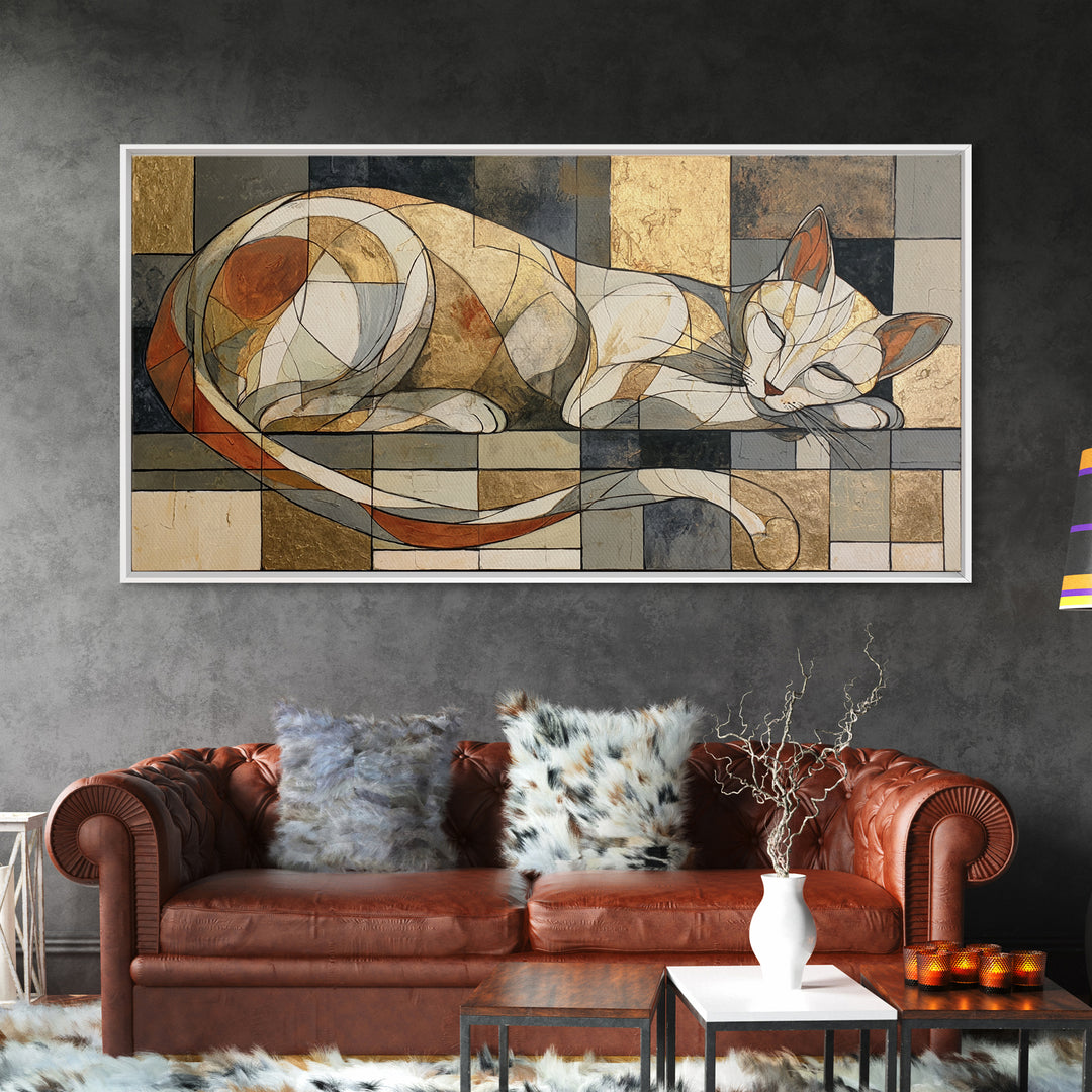 Monoline Cat Stretching Framed Canvas Print, Line Art, Digital Wall Art, Living Room Decor, Fine Art, Line, Minimalist Wall Art, LIN-2x1-50