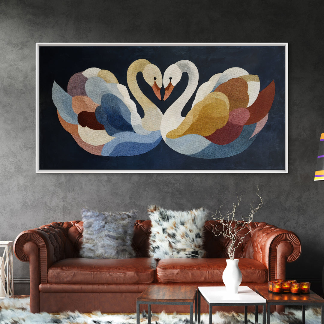 Two Swans Forming a Heart Shape Framed Canvas Print, Line Art, Digital Wall Art, Living Room Decor, Line, Minimalist Wall Art, LIN-2x1-60