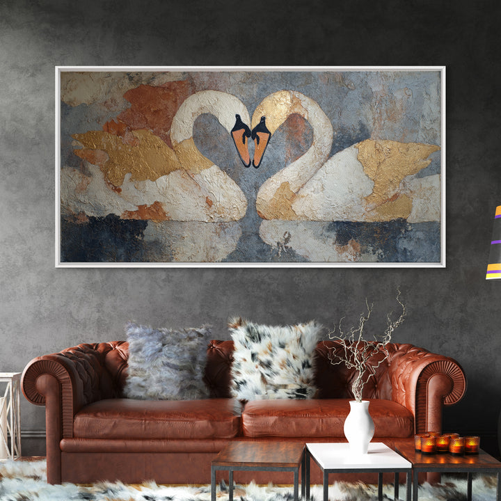Two Swans Forming a Heart Shape Framed Canvas Print, Line Art, Modern Art, Living Room Decor, Abstract Art, Line, Neutral Decor, LIN-2x1-84