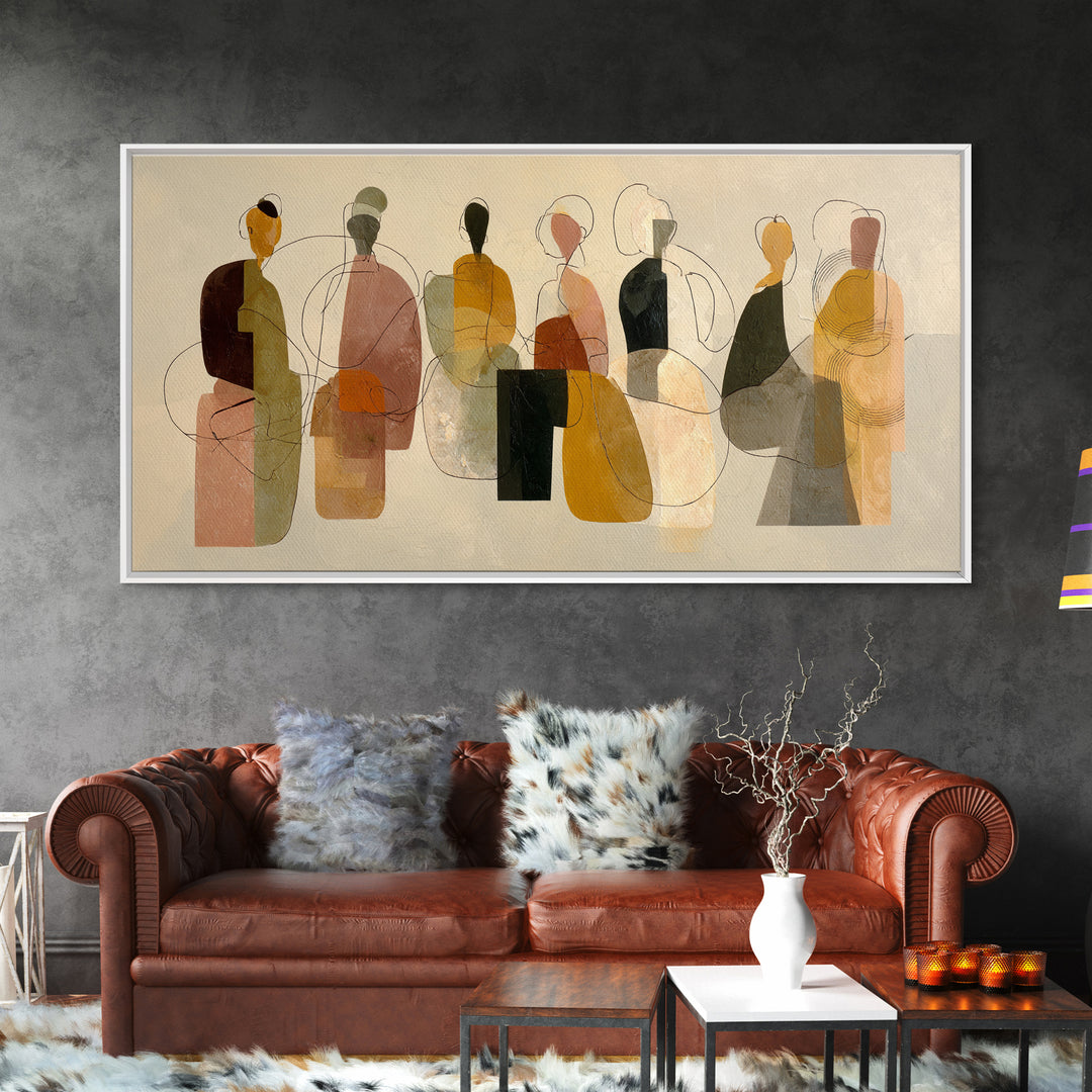 Abstract Family Figures Framed Canvas Print, Line Art, Boho Decor, Living Room Decor, Oil Painting, Line, Minimalist Art, LIN-2x1-92