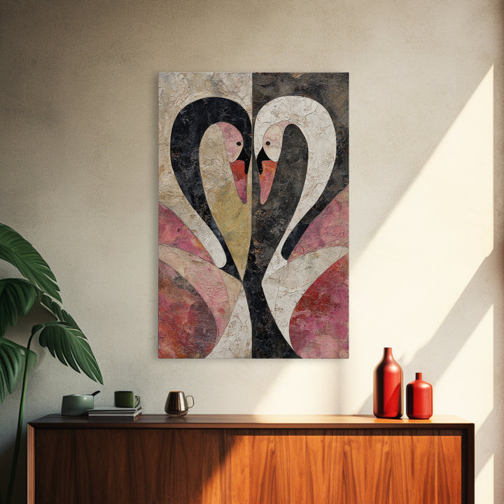 Two Swans Forming a Heart Shape Framed Canvas Print, Line Art, Contemporary Art, Living Room Decor, Abstract Art, Line, LIN-2x3-24