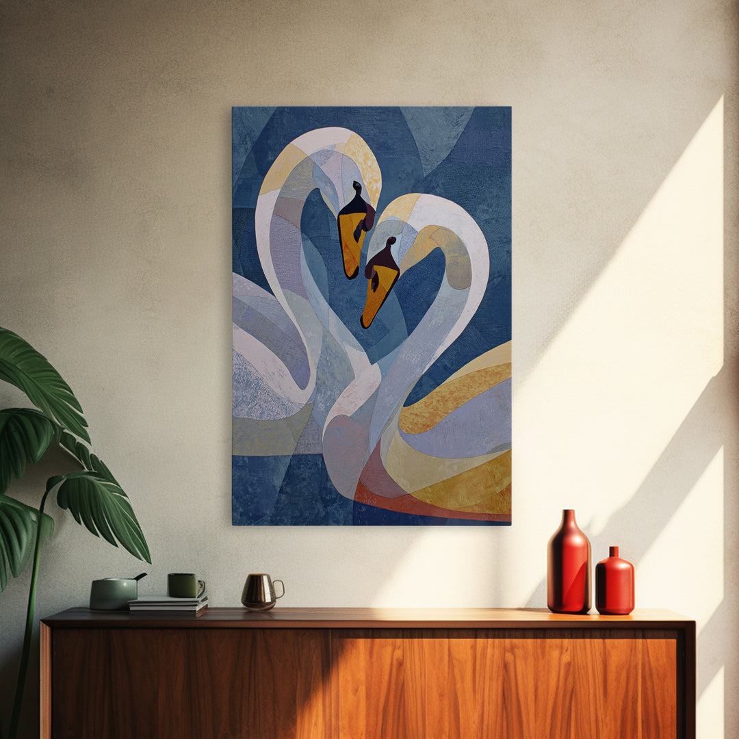 Two Swans Forming a Heart Shape Framed Canvas Print, Line Art, Living Room Decor, Abstract Art, Line, Portrait from Photo, LIN-2x3-48