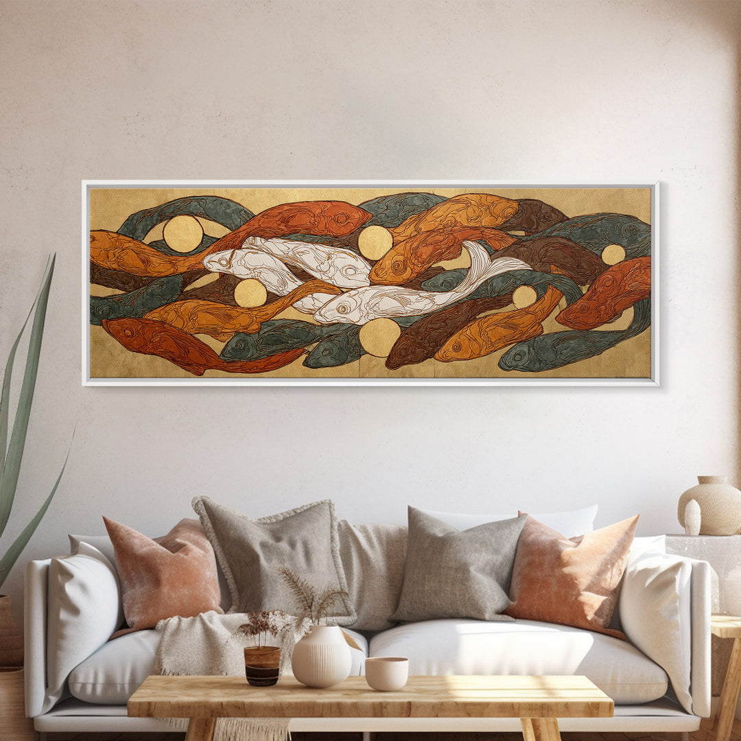 Continuous Line Fish Framed Canvas Print, Line Art, Bird Wall Art, Living Room Decor, Abstract Art, Line, Textured Painting, LIN-3x1-12
