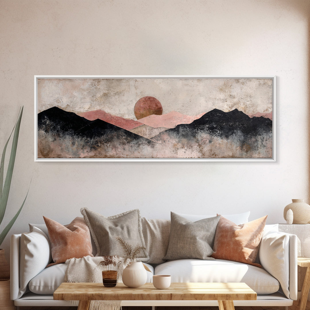 Black Line Mountains Framed Canvas Print, Line Art, Boho Wall Decor, Living Room Decor, Fine Art, Line, Black and White Art, LIN-3x1-2