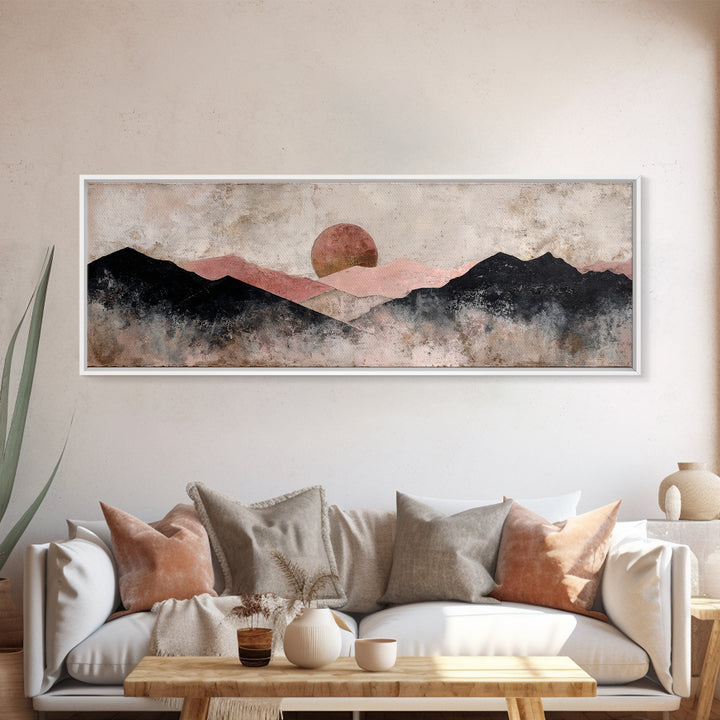 Black Line Mountains Framed Canvas Print, Line Art, Boho Wall Decor, Living Room Decor, Fine Art, Line, Black and White Art, LIN-3x1-2