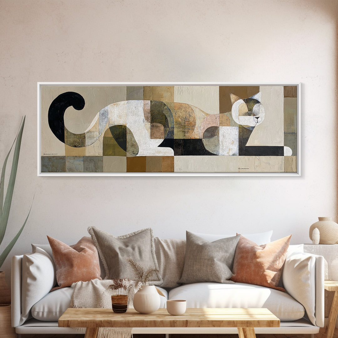 Monoline Cat Stretching Canvas Print, Line Art, Gallery Wall Set, Living Room Decor, Abstract Art, Line, Textured Painting, LIN-3x1-46