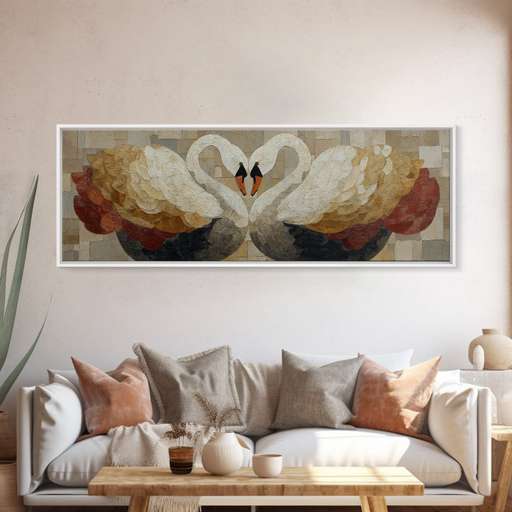 Two Swans Forming a Heart Shape Framed Canvas Print, Line Art, Wall Art, Living Room Decor, Fine Art, Line, Wall Art Print, LIN-3x1-56