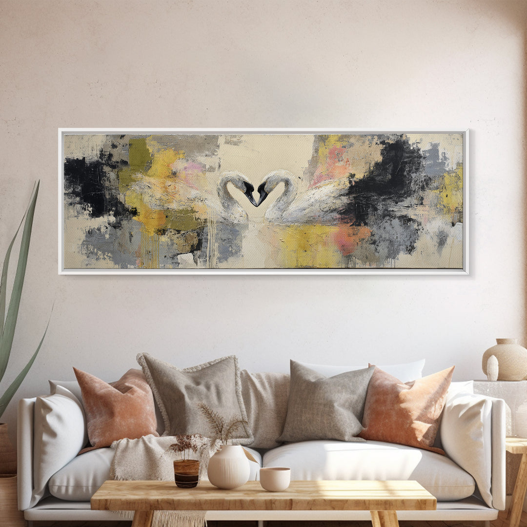 Two Swans Forming a Heart Shape Canvas Print, Line Art, Gallery Wall Set, Living Room Decor, Abstract Art, Line, LIN-3x1-8