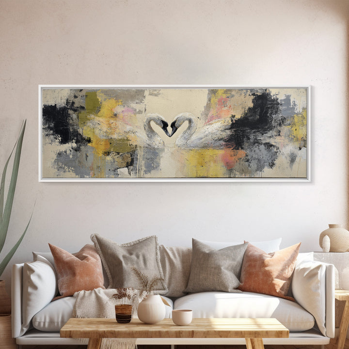 Two Swans Forming a Heart Shape Canvas Print, Line Art, Gallery Wall Set, Living Room Decor, Abstract Art, Line, LIN-3x1-8