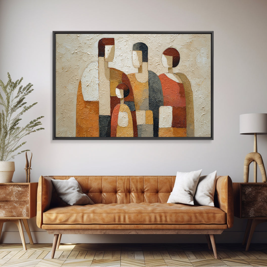 Abstract Family Figures Framed Canvas Print, Line Art, Living Room Decor, Oil Painting, Line, Portrait from Photo, LIN-3x2-100