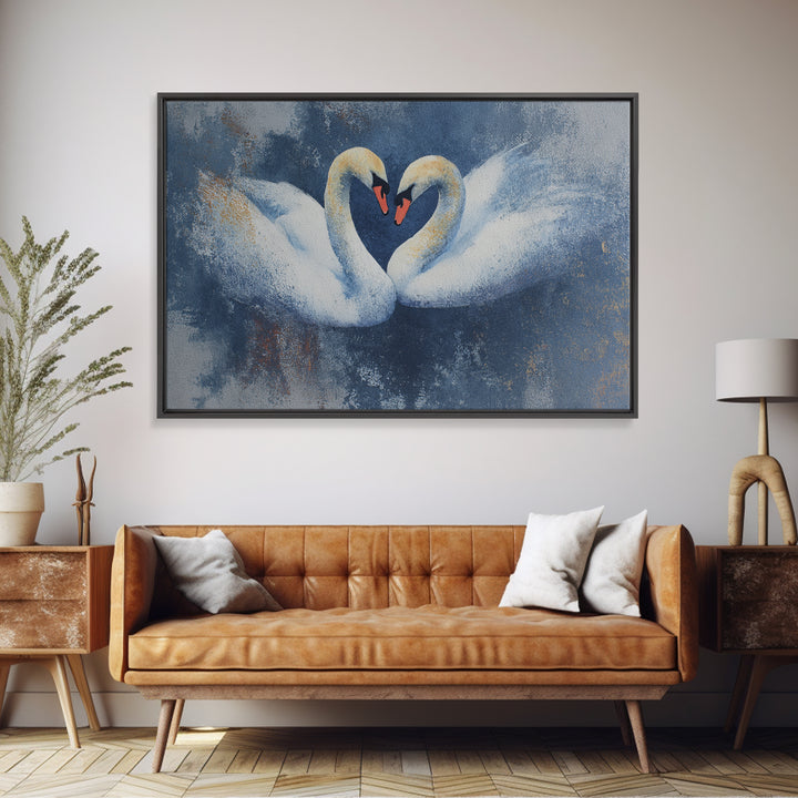 Two Swans Forming a Heart Shape Framed Canvas Print, Line Art, Statement Artwork, Living Room Decor, Abstract Art, Line, LIN-3x2-20