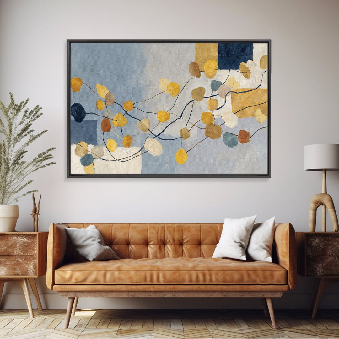 Botanical Branch Drawn Framed Canvas Print, Line Art, Bird Wall Art, Living Room Decor, Watercolor Art, Line, Textured Painting, LIN-3x2-55