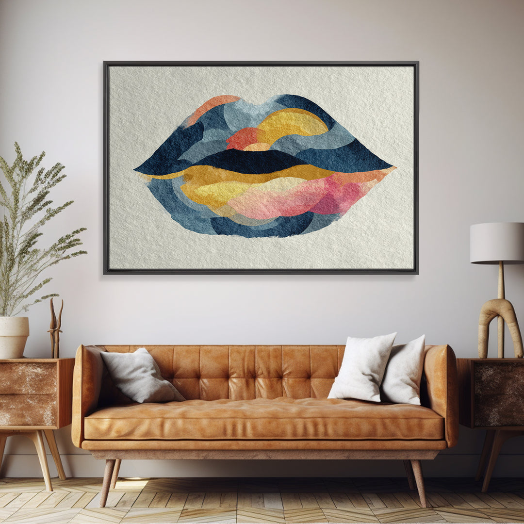 Abstract Lips and Hand Fashion Sketch Framed Canvas Print, Line Art, Bird Wall Art, Living Room Decor, Abstract Art, Line, LIN-3x2-70
