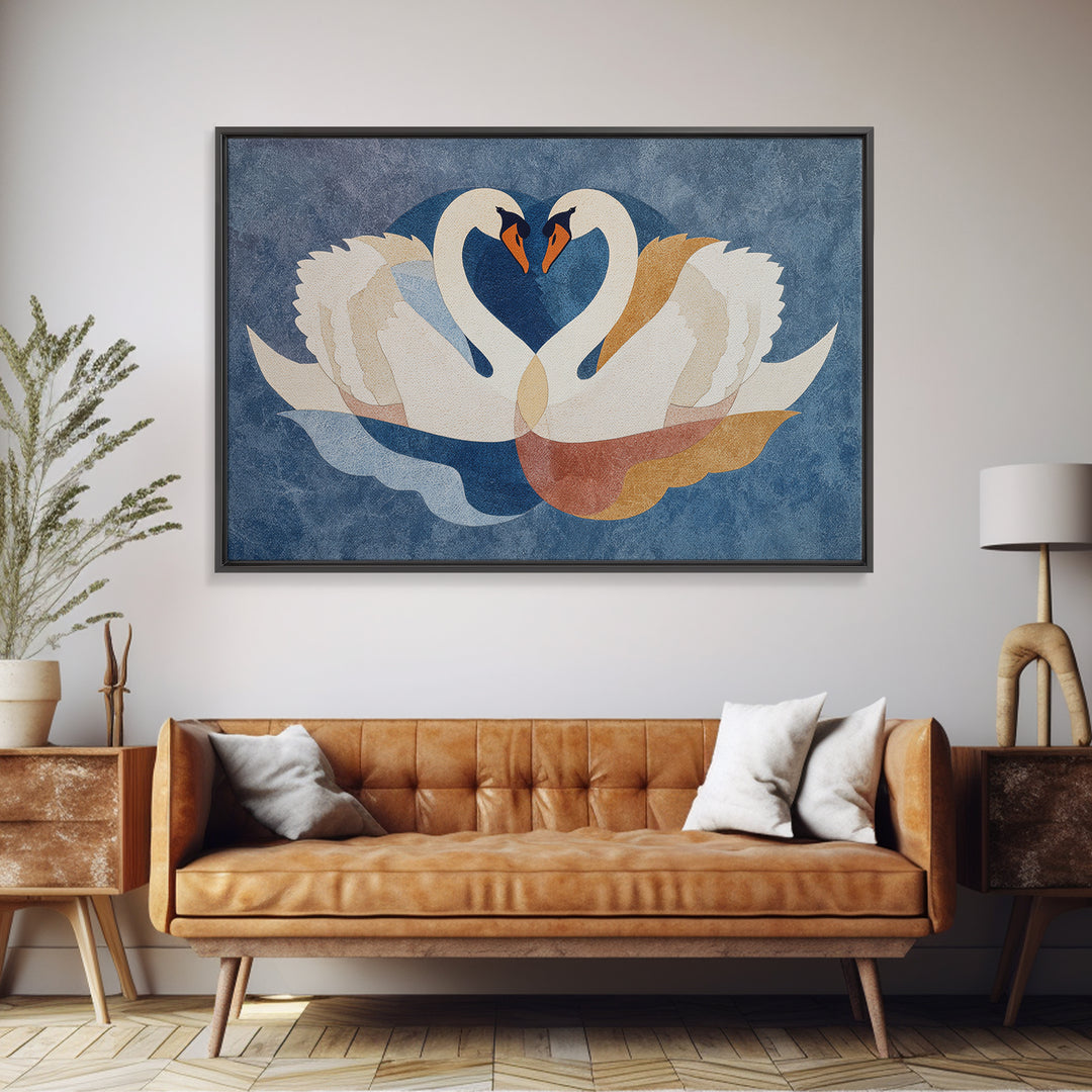Two Swans Forming a Heart Shape Framed Canvas Print, Line Art, Boho Wall Decor, Living Room Decor, Abstract Art, Line, LIN-3x2-92