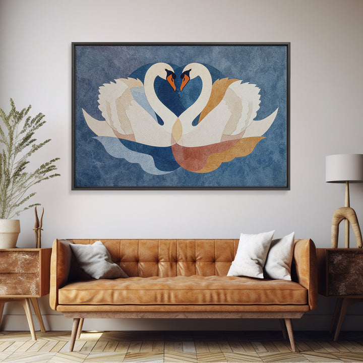 Two Swans Forming a Heart Shape Framed Canvas Print, Line Art, Boho Wall Decor, Living Room Decor, Abstract Art, Line, LIN-3x2-92