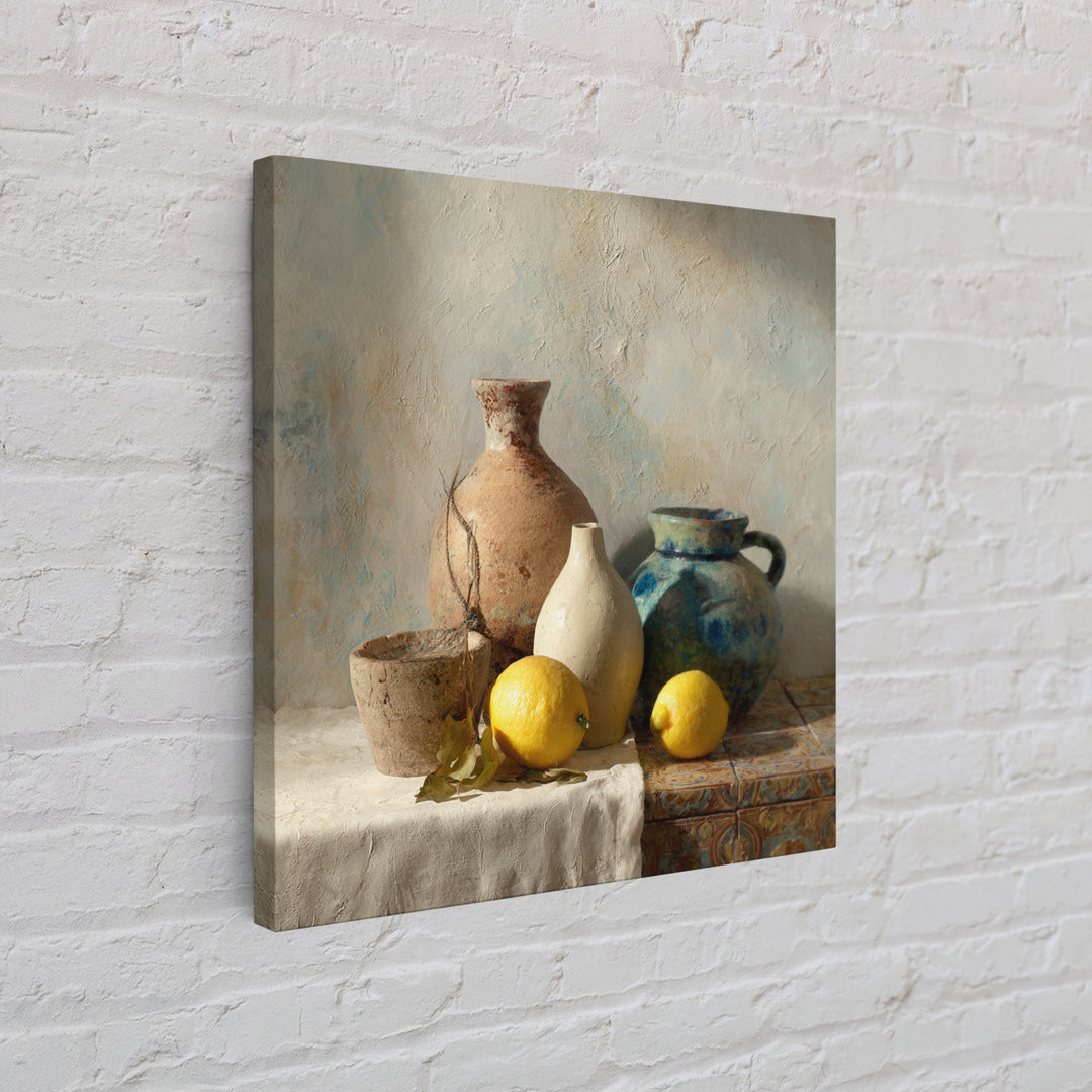 Warm Mediterranean Lemon Still Life Canvas Print, Living Room Art, Neutral Decor, Living Room Decor, Fine Art, Living, LIR-1x1-90