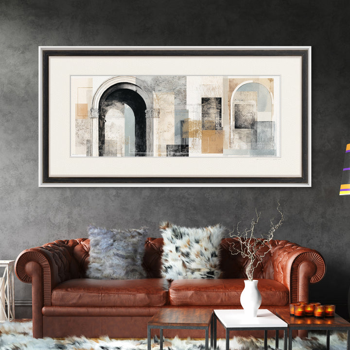 Black and White Architectural Arch Composition Framed Canvas Print, Living Room Art, Boho Decor, Living Room Decor, LIR-2x1-27