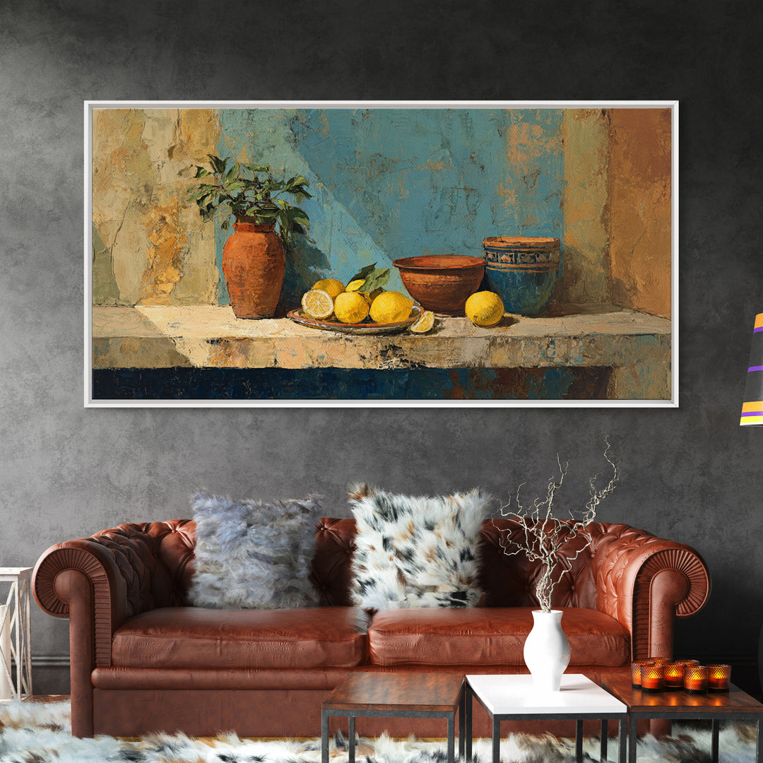 Warm Mediterranean Lemon Still Life Canvas Print, Living Room Art, Wall Art, Living Room Decor, Oil Painting, Living, LIR-2x1-62