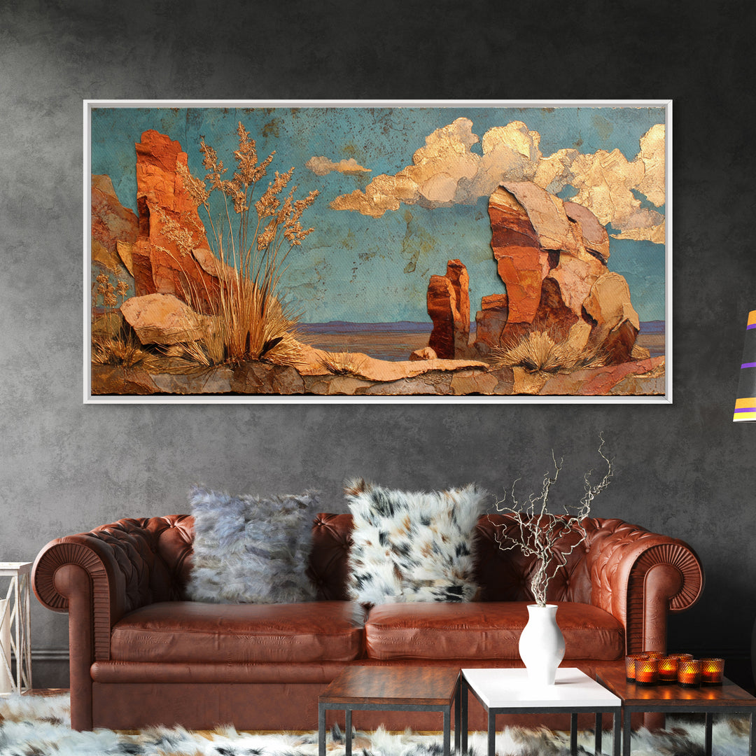 Earthy Desert Landscape Framed Canvas Print, Living Room Art, Apartment Decor, Living Room Decor, Oil Painting, Living, LIR-2x1-80