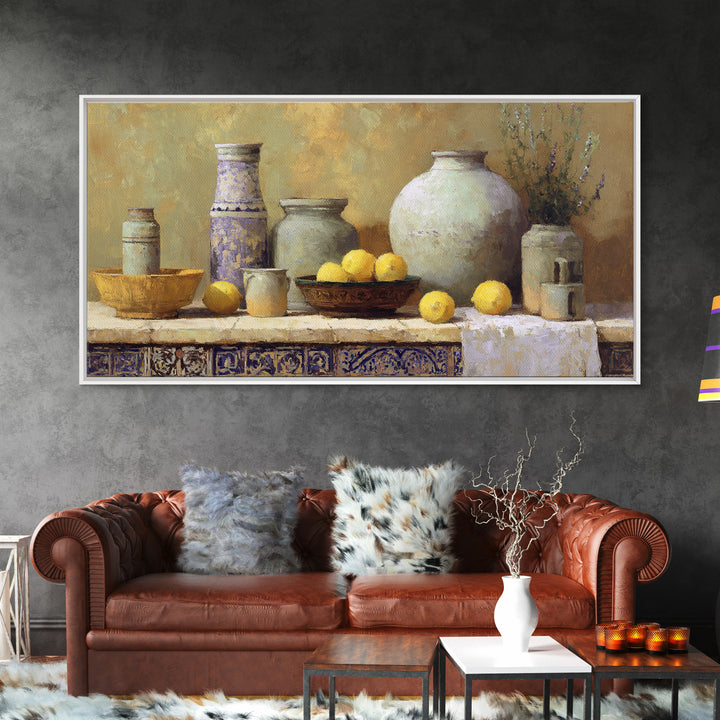 Warm Mediterranean Lemon Still Life Framed Canvas Print, Living Room Art, Art Print, Living Room Decor, Fine Art, Living, LIR-2x1-86