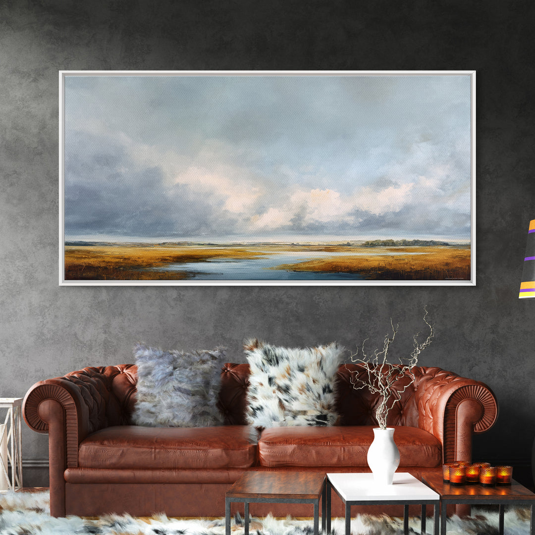Modern Landscape with Expansive Calm Sky Framed Canvas Print, Living Room Art, Neutral Decor, Living Room Decor, Oil Painting, LIR-2x1-95