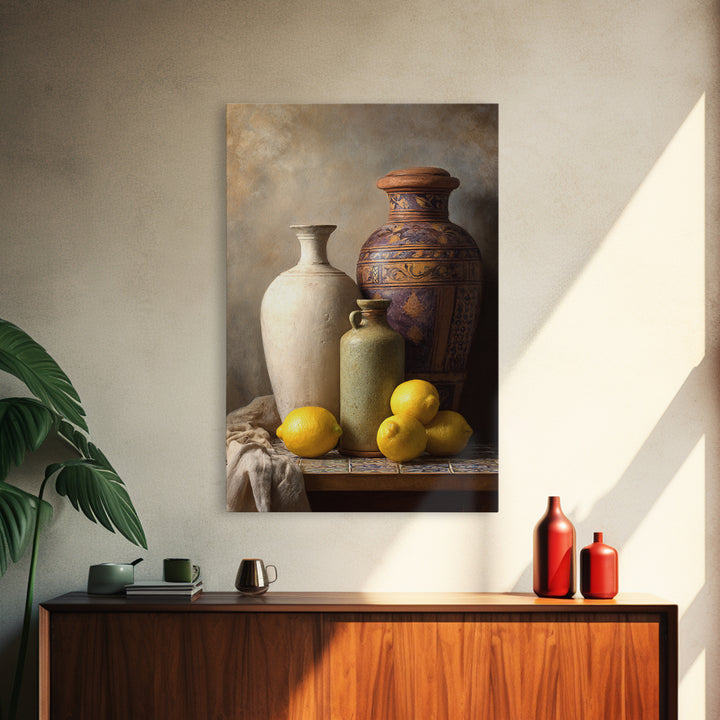 Warm Mediterranean Lemon Still Life Framed Canvas Print, Living Room Art, Living Room Decor, Watercolor Art, Living, LIR-2x3-74
