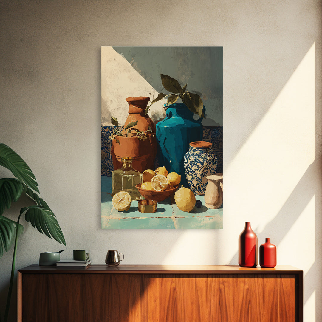 Warm Mediterranean Lemon Still Life Framed Canvas Print, Living Room Art, Living Room Decor, Watercolor Art, Living, LIR-2x3-98
