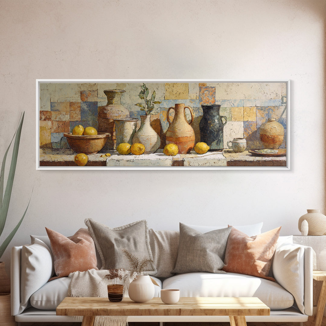 Warm Mediterranean Lemon Still Life Canvas Print, Living Room Art, Oil Painting, Living Room Decor, Abstract Art, Living, LIR-3x1-34