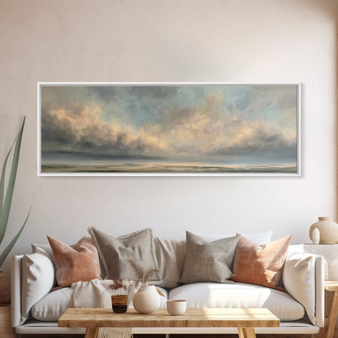 Large Cloudscape with Gentle Movement Framed Canvas Print, Living Room Art, Painting, Living Room Decor, Fine Art, Living, LIR-3x1-59