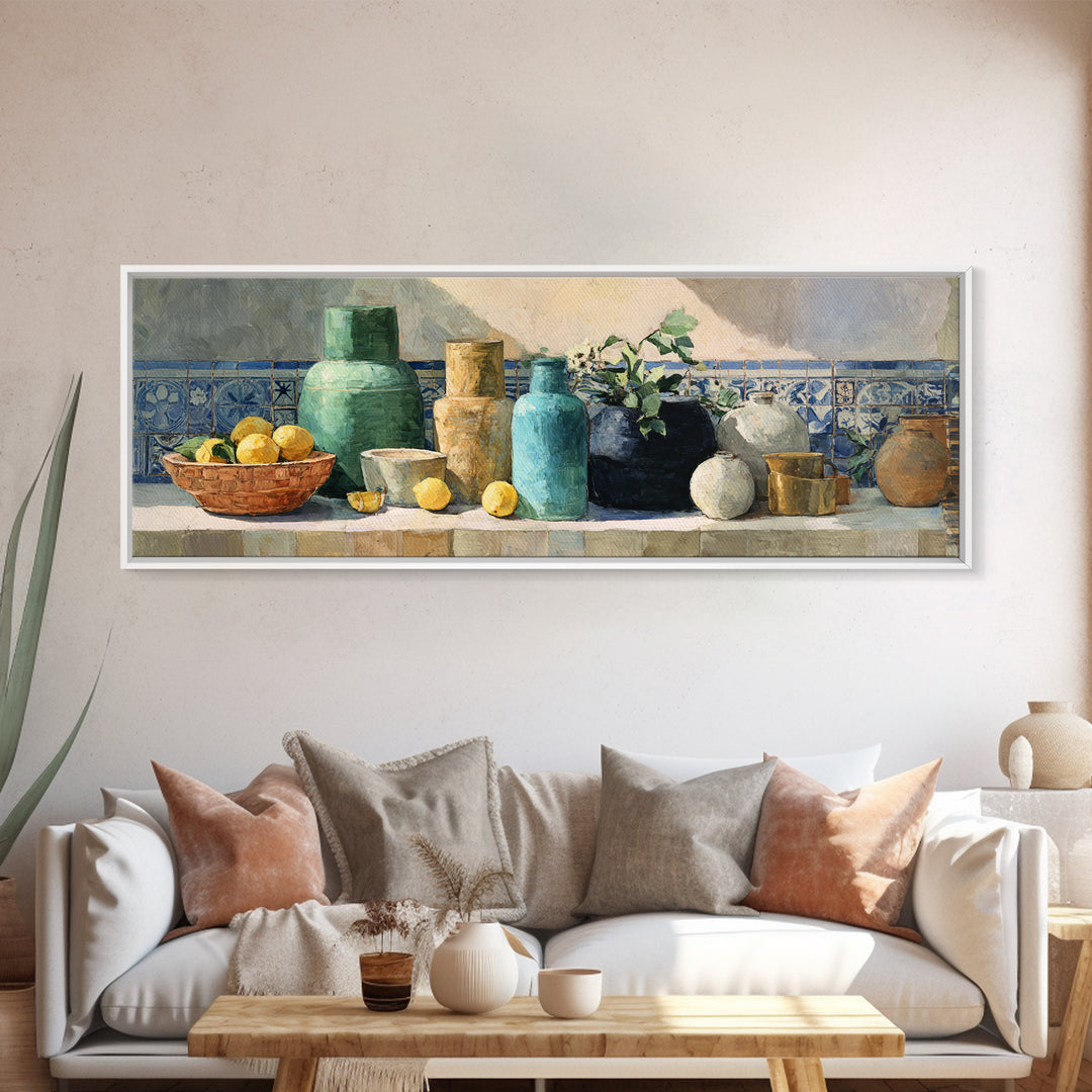 Warm Mediterranean Lemon Still Life Framed Canvas Print, Living Room Art, Apartment Decor, Living Room Decor, Fine Art, Living, LIR-3x1-82