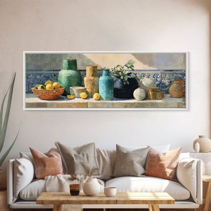 Warm Mediterranean Lemon Still Life Framed Canvas Print, Living Room Art, Apartment Decor, Living Room Decor, Fine Art, Living, LIR-3x1-82
