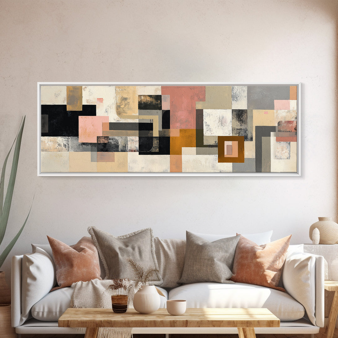 Mid Century Geometric Artwork Canvas Print, Living Room Art, Textured Painting, Living Room Decor, Abstract Art, Living, LIR-3x1-96