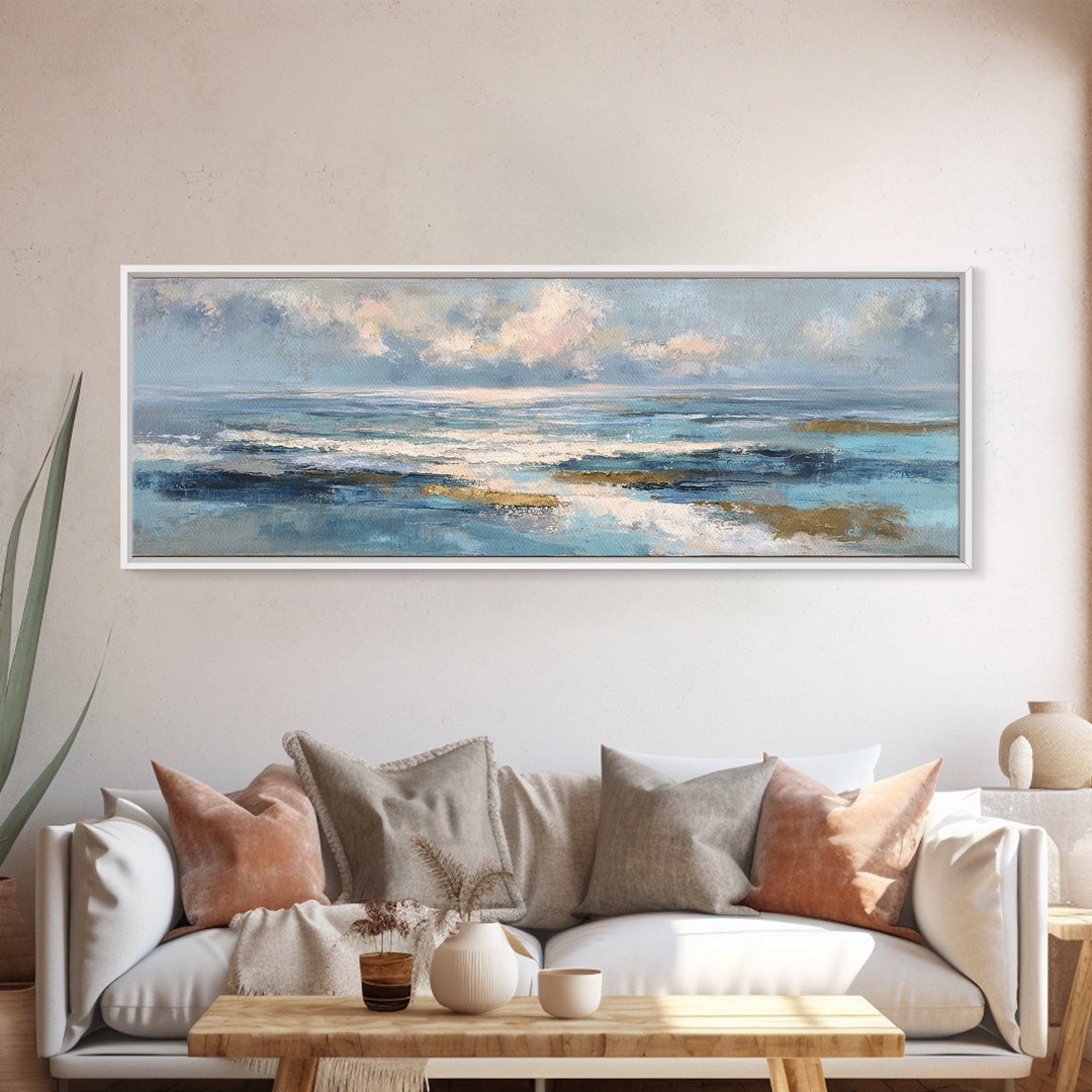 Coastal Aerial Shoreline Framed Canvas Print, Living Room Art, Printable, Living Room Decor, Oil Painting, Living, LIR-3x1-99