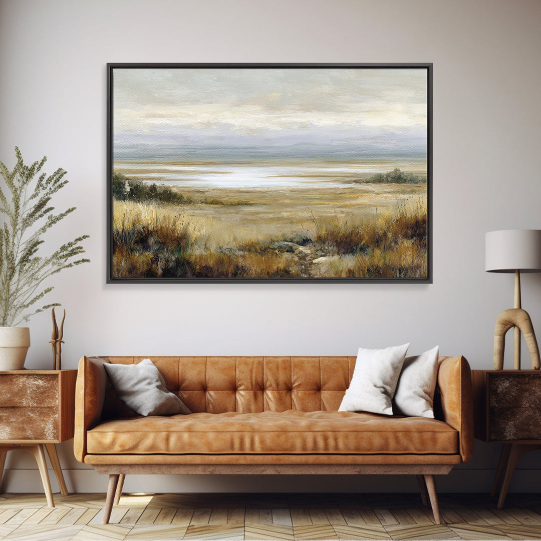 Modern Landscape with Expansive Calm Sky Framed Canvas Print, Living Room Art, Art Nouveau, Living Room Decor, Fine Art, Living, LIR-3x2-55